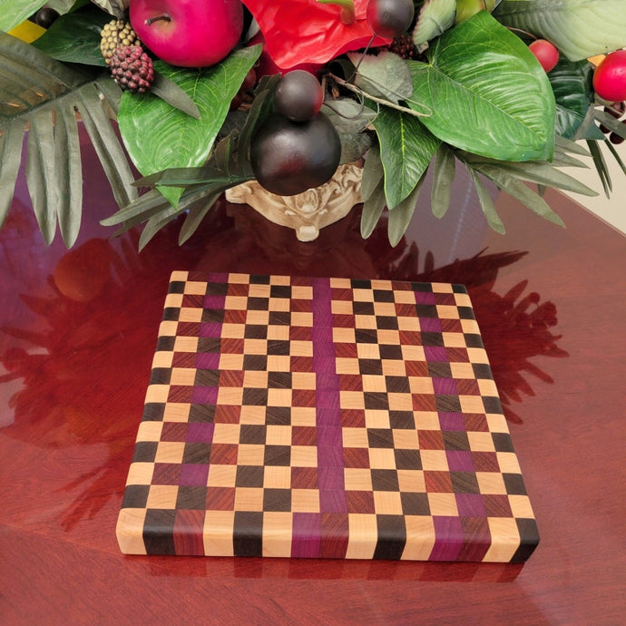 Cutting Board/Charcuterie Display - Handcrafted End Grain Cutting Board – Checkerboard Pattern with Maple, Purpleheart and Walnut Wood